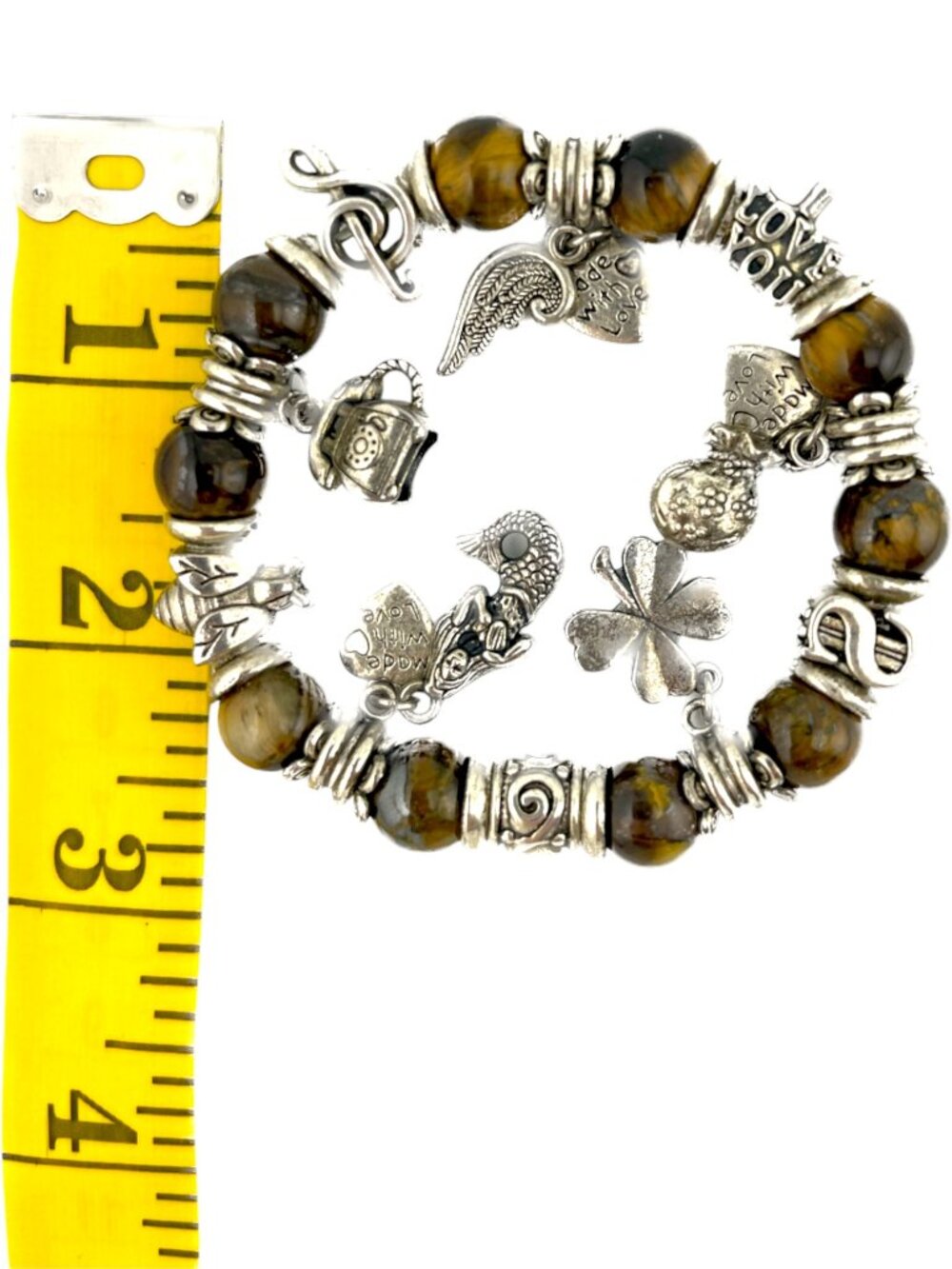 Tiger’s Eye Charm Bracelet Boho Stretch Beaded Silver Tone Mermaid Clover - Picture 11 of 11
